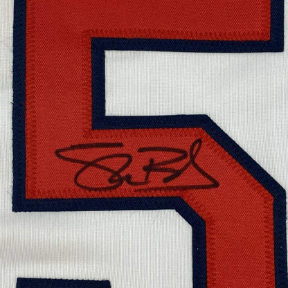 Autographed red white and blue Shane Bieber Cleveland White jersey perfect for your man cave