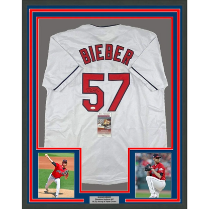 Framed Autographed Shane Bieber 35x39 Cleveland White Baseball Jersey JSA COA | Hall of Fame Sports Memorabilia | vintageantiquesgifts.com