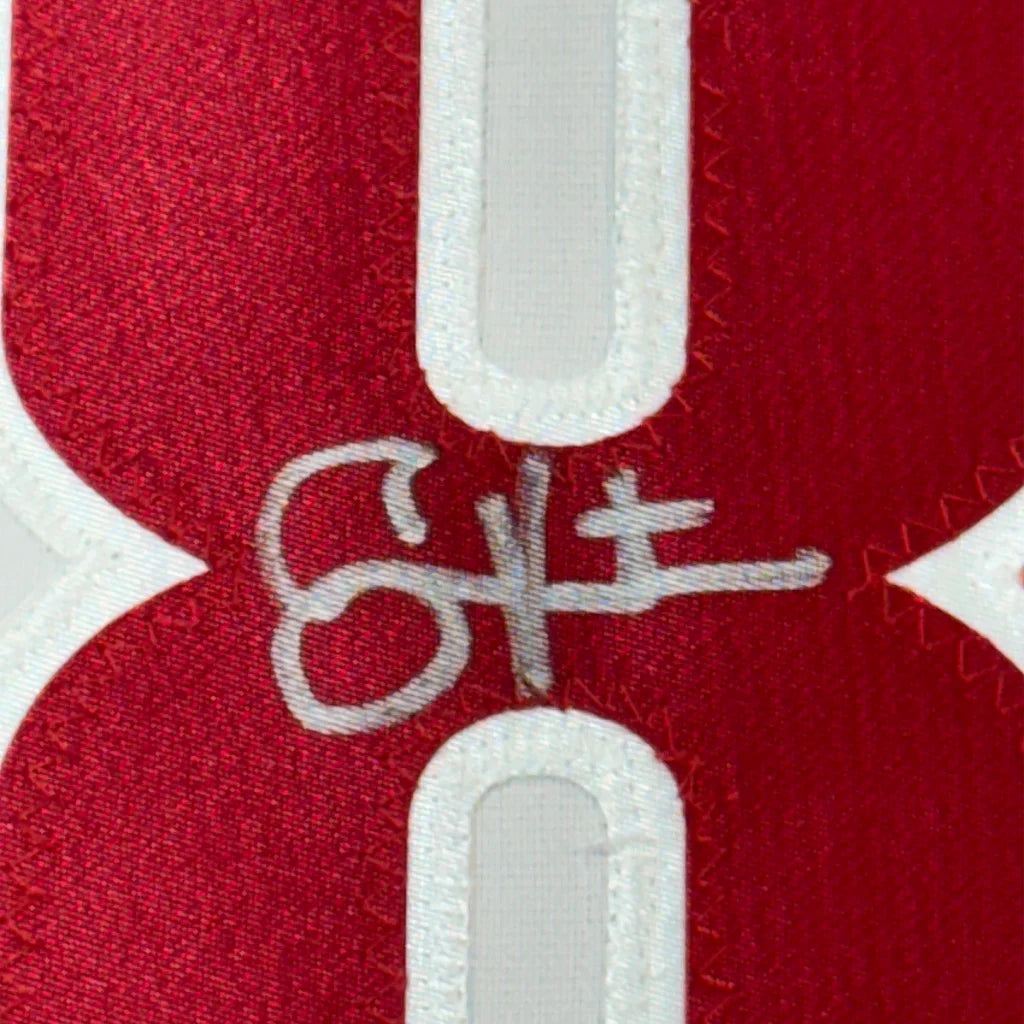 Framed autographed Shane Victorino Philadelphia pinstripe jersey back with red fabric and white signature