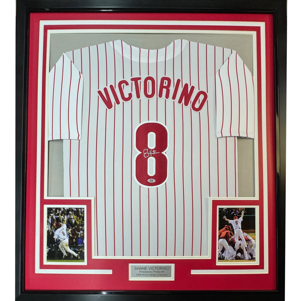 Professionally framed Shane Victorino autographed Phillies jersey with action photos and nameplate