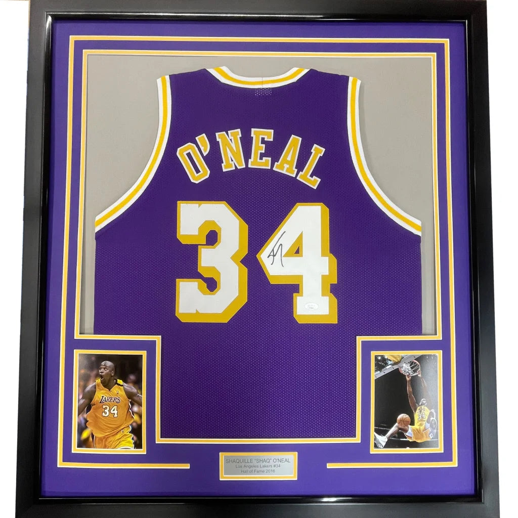 Framed Shaquille O’Neal signed Lakers jersey with photos and plaque display