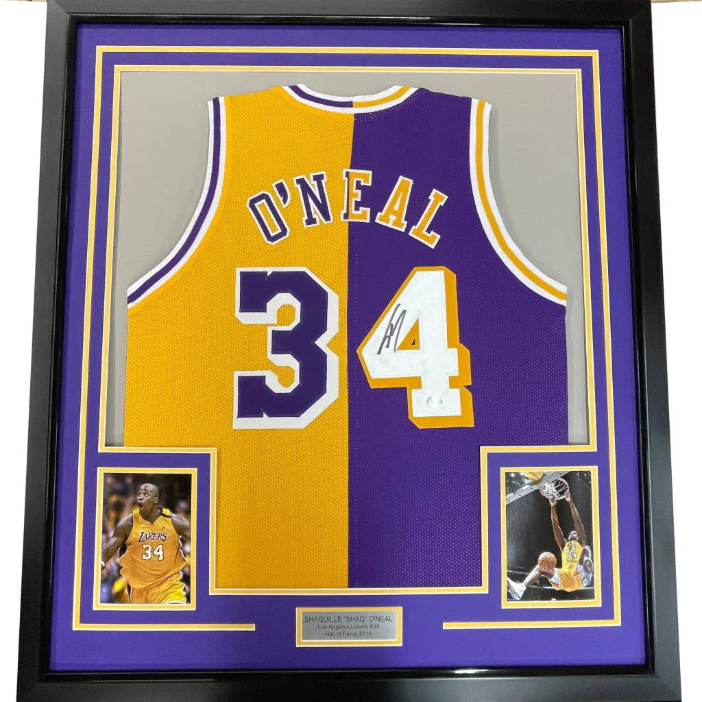 Framed autographed los angeles lakers jersey split yellow and purple with o neal 34 in bold lettering