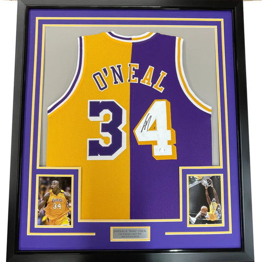 Framed autographed los angeles lakers jersey split yellow and purple with o neal 34 in bold lettering