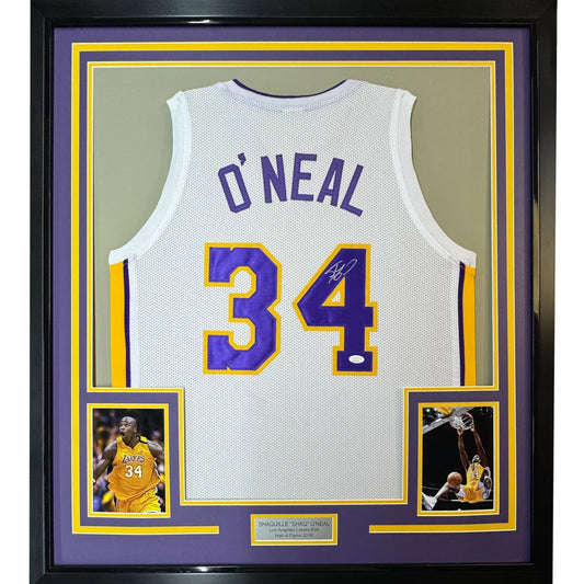 Framed Autographed Shaquille Shaq O'Neal 35x39 Los Angeles LA White Basketball Jersey JSA COA | Hall of Fame Sports Memorabilia | vintageantiquesgifts.com