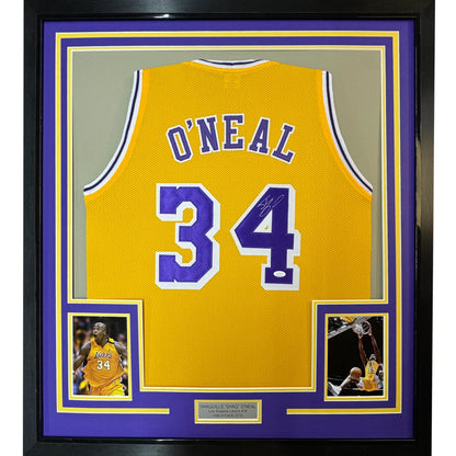 Framed Autographed Shaquille Shaq O'Neal 35x39 Los Angeles LA Yellow Basketball Jersey Beckett BAS COA | Hall of Fame Sports Memorabilia | vintageantiquesgifts.com