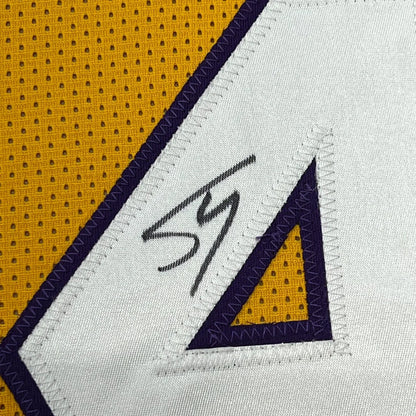 Framed Autographed Shaquille Shaq O'Neal 35x39 Los Angeles LA Yellow Basketball Jersey Beckett BAS COA | Certified Authentic Signed Memorabilia | vintageantiquesgifts.com