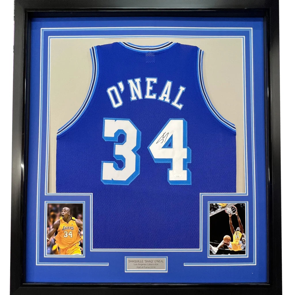 Framed autographed blue los angeles lakers basketball jersey with white o neal 34 lettering signed by shaquille o neal