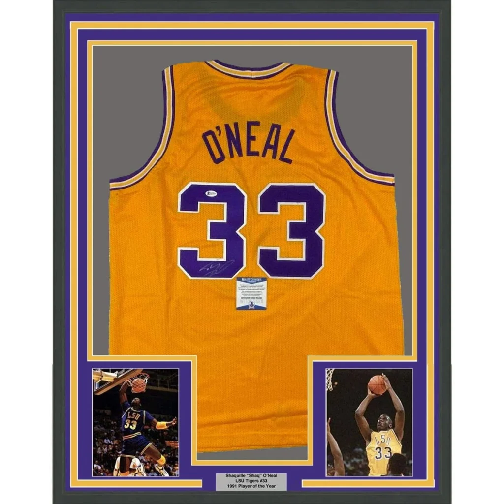 Framed autographed Shaquille ONeal LSU yellow basketball jersey with ONeal 33, Beckett BAS COA