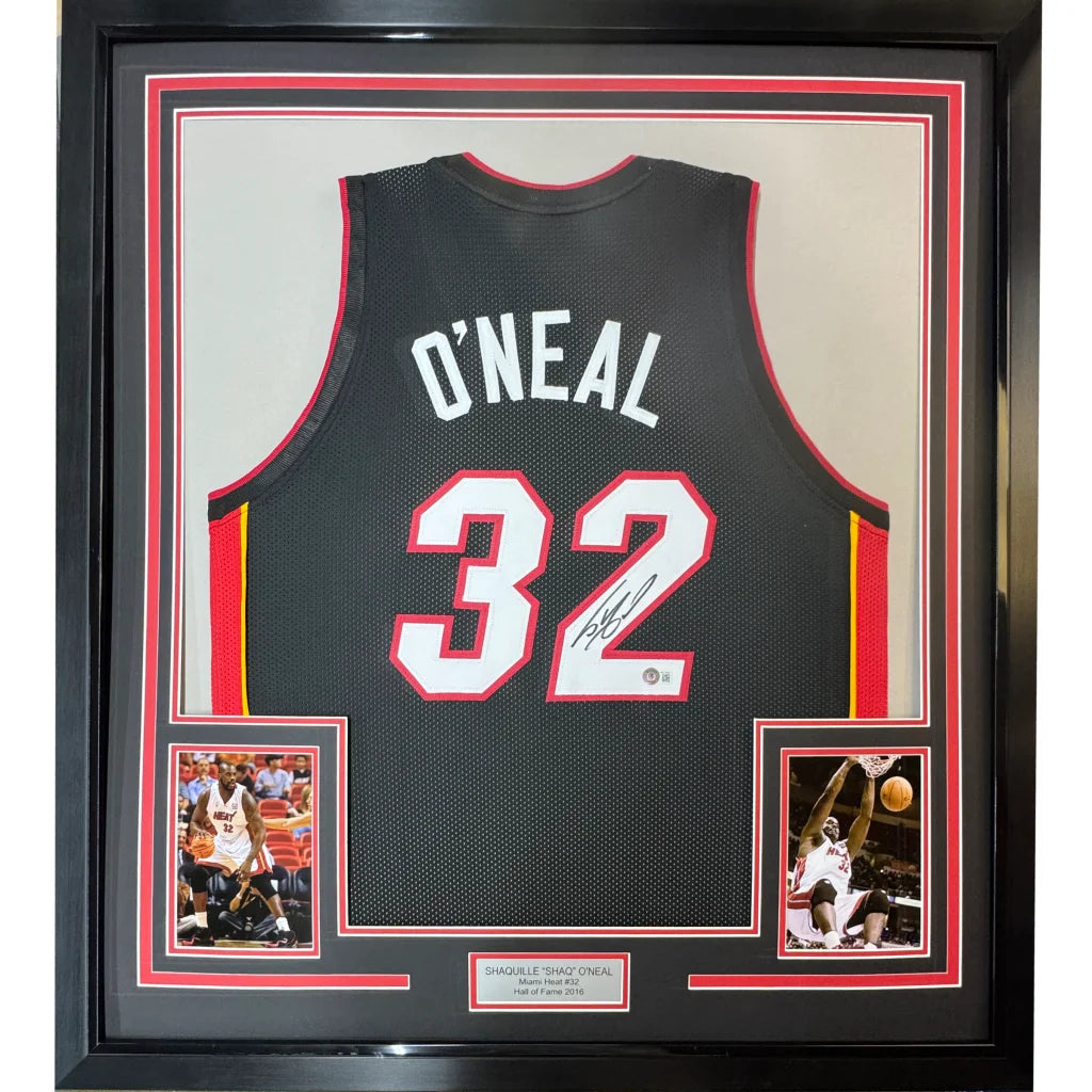 Framed Autographed Shaquille Shaq O'Neal 35x39 Miami Black Basketball Jersey Beckett BAS COA | Hall of Fame Sports Memorabilia | vintageantiquesgifts.com