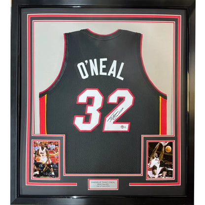 Framed Autographed Shaquille Shaq O'Neal 35x39 Miami Black Basketball Jersey Beckett BAS COA | Hall of Fame Sports Memorabilia | vintageantiquesgifts.com