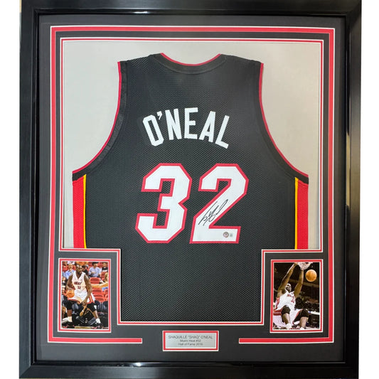 Framed Autographed Shaquille Shaq O'Neal 35x39 Miami Black Basketball Jersey Beckett BAS COA | Hall of Fame Sports Memorabilia | vintageantiquesgifts.com