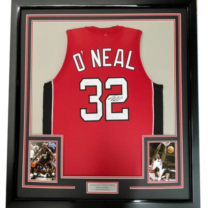 Framed Autographed Shaquille Shaq O'Neal 35x39 Miami Red Basketball Jersey JSA COA | Hall of Fame Sports Memorabilia | vintageantiquesgifts.com