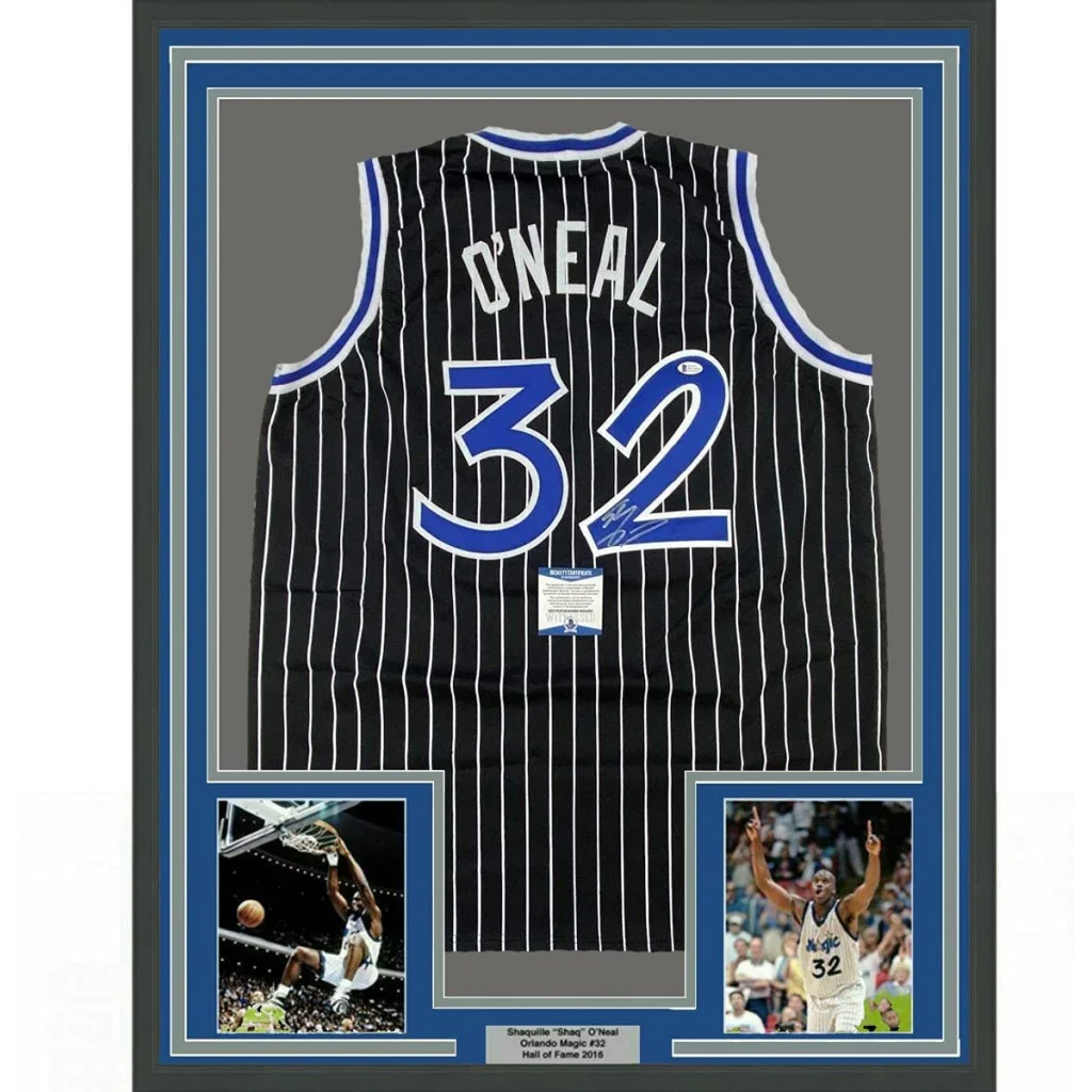 Framed signed Shaquille ONeal black pinstripe jersey back, 32, Beckett COA