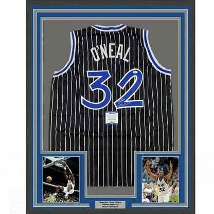 Framed signed Shaquille ONeal black pinstripe jersey back, 32, Beckett COA