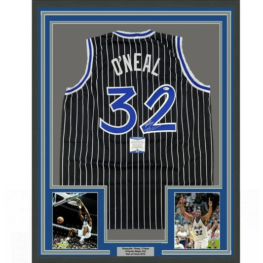 Framed signed Shaquille ONeal black pinstripe jersey back, 32, Beckett COA