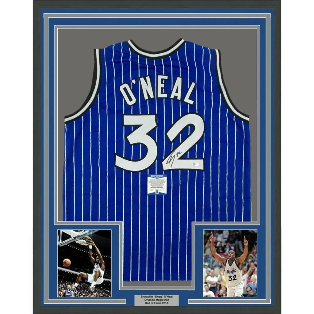 Framed Autographed Shaquille Shaq O'Neal 35x39 Orlando Blue Pinstripe Basketball Jersey Beckett BAS COA | Hall of Fame Sports Memorabilia | vintageantiquesgifts.com