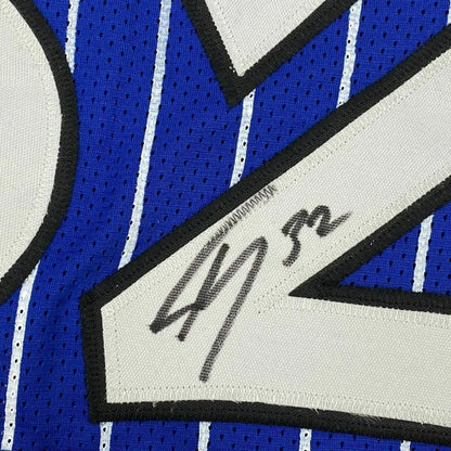 Framed Autographed Shaquille Shaq O'Neal 35x39 Orlando Blue Pinstripe Basketball Jersey Beckett BAS COA | Certified Authentic Signed Memorabilia | vintageantiquesgifts.com