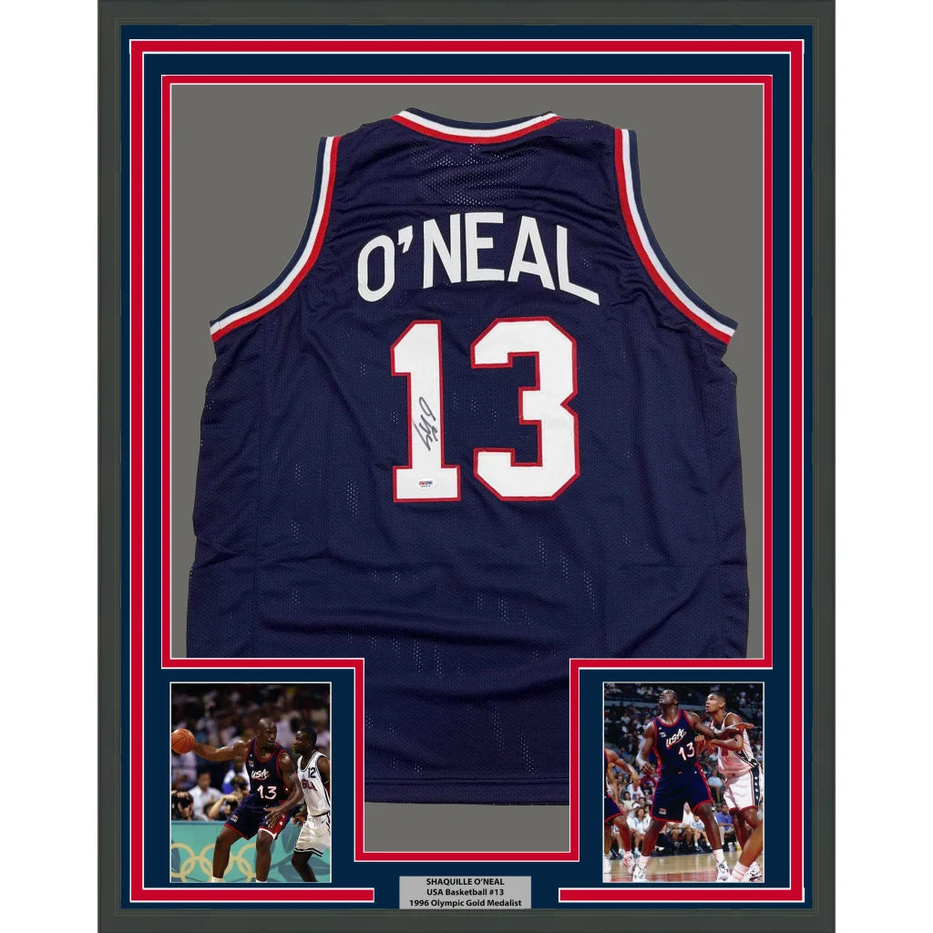 Framed Autographed Shaquille Shaq O'Neal 35x39 USA United States Blue Basketball Jersey PSA/DNA COA | Hall of Fame Sports Memorabilia | vintageantiquesgifts.com
