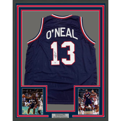 Framed Autographed Shaquille Shaq O'Neal 35x39 USA United States Blue Basketball Jersey PSA/DNA COA | Hall of Fame Sports Memorabilia | vintageantiquesgifts.com