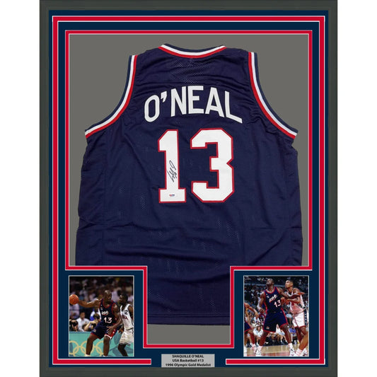 Framed Autographed Shaquille Shaq O'Neal 35x39 USA United States Blue Basketball Jersey PSA/DNA COA | Hall of Fame Sports Memorabilia | vintageantiquesgifts.com