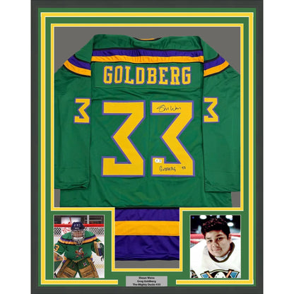 Framed Autographed Shaun Weiss Greg Goldberg 35x39 The Mighty Ducks Green Hockey Jersey Beckett BAS COA | Hall of Fame Sports Memorabilia | vintageantiquesgifts.com