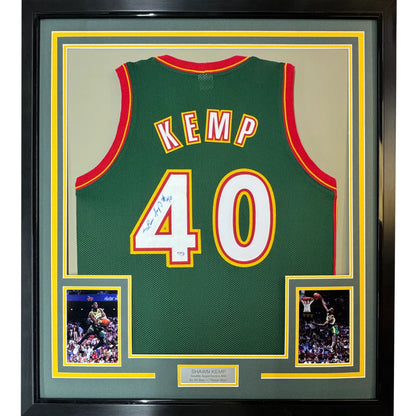 Framed autographed Shawn Kemp Seattle Supersonics green jersey, PSA/DNA COA