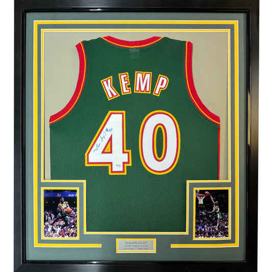 Framed autographed Shawn Kemp Seattle Supersonics green jersey, PSA/DNA COA