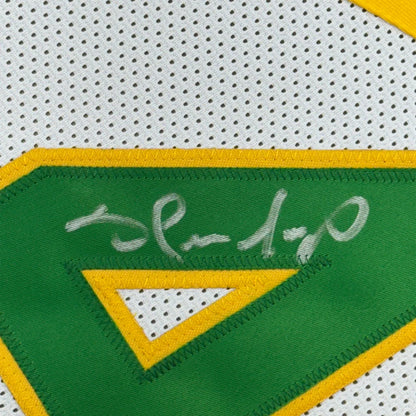 White Shawn Kemp basketball jersey with green yellow trim, professionally framed autograph
