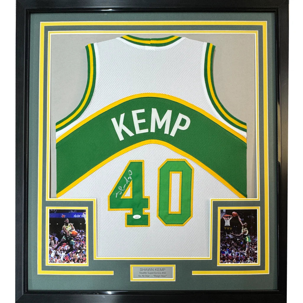 Framed Autographed Shawn Kemp 35x39 Seattle White Basketball Jersey JSA COA | Hall of Fame Sports Memorabilia | vintageantiquesgifts.com