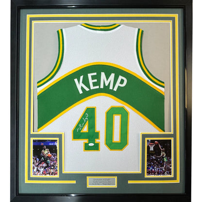 Framed Autographed Shawn Kemp 35x39 Seattle White Basketball Jersey JSA COA | Hall of Fame Sports Memorabilia | vintageantiquesgifts.com