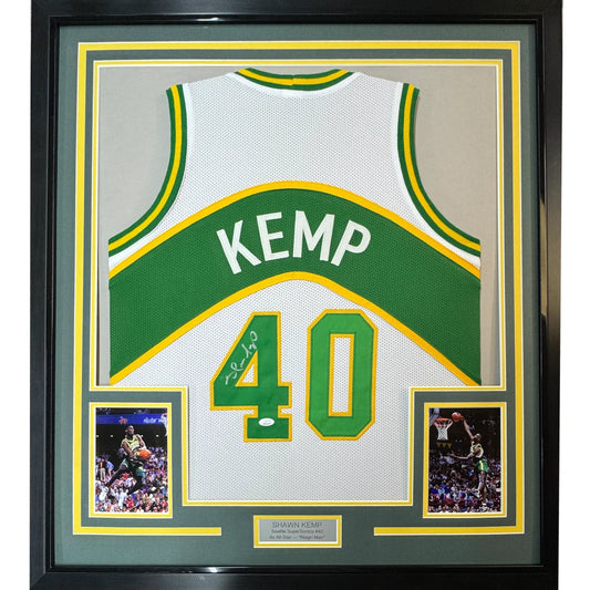 Framed Autographed Shawn Kemp 35x39 Seattle White Basketball Jersey JSA COA | Hall of Fame Sports Memorabilia | vintageantiquesgifts.com