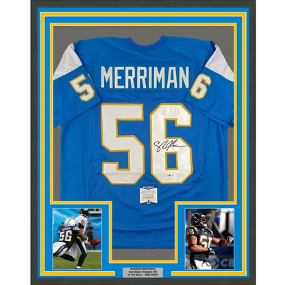 Framed signed Shawne Merriman San Diego Chargers jersey with player photos for man cave