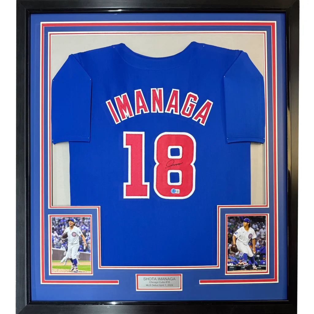 Framed Autographed Shota Imanaga 35x39 Chicago Blue Baseball Jersey Beckett BAS COA | Hall of Fame Sports Memorabilia | vintageantiquesgifts.com