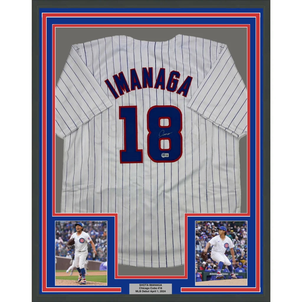 Framed Autographed Shota Imanaga 35x39 Chicago Pinstripe Baseball Jersey Beckett BAS COA | Hall of Fame Sports Memorabilia | vintageantiquesgifts.com