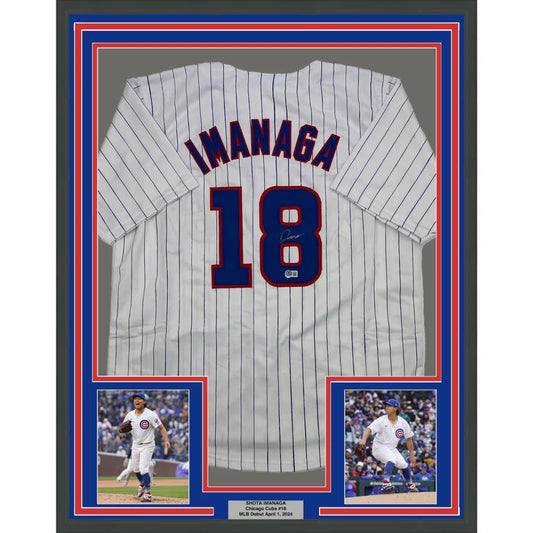 Framed Chicago Cubs Imanaga jersey with number 18 and two player photos for display