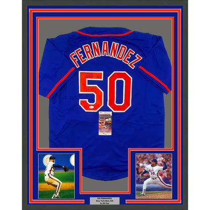 Framed Autographed Sid Fernandez 35x39 86 WSC New York Blue Baseball Jersey JSA COA | Hall of Fame Sports Memorabilia | vintageantiquesgifts.com
