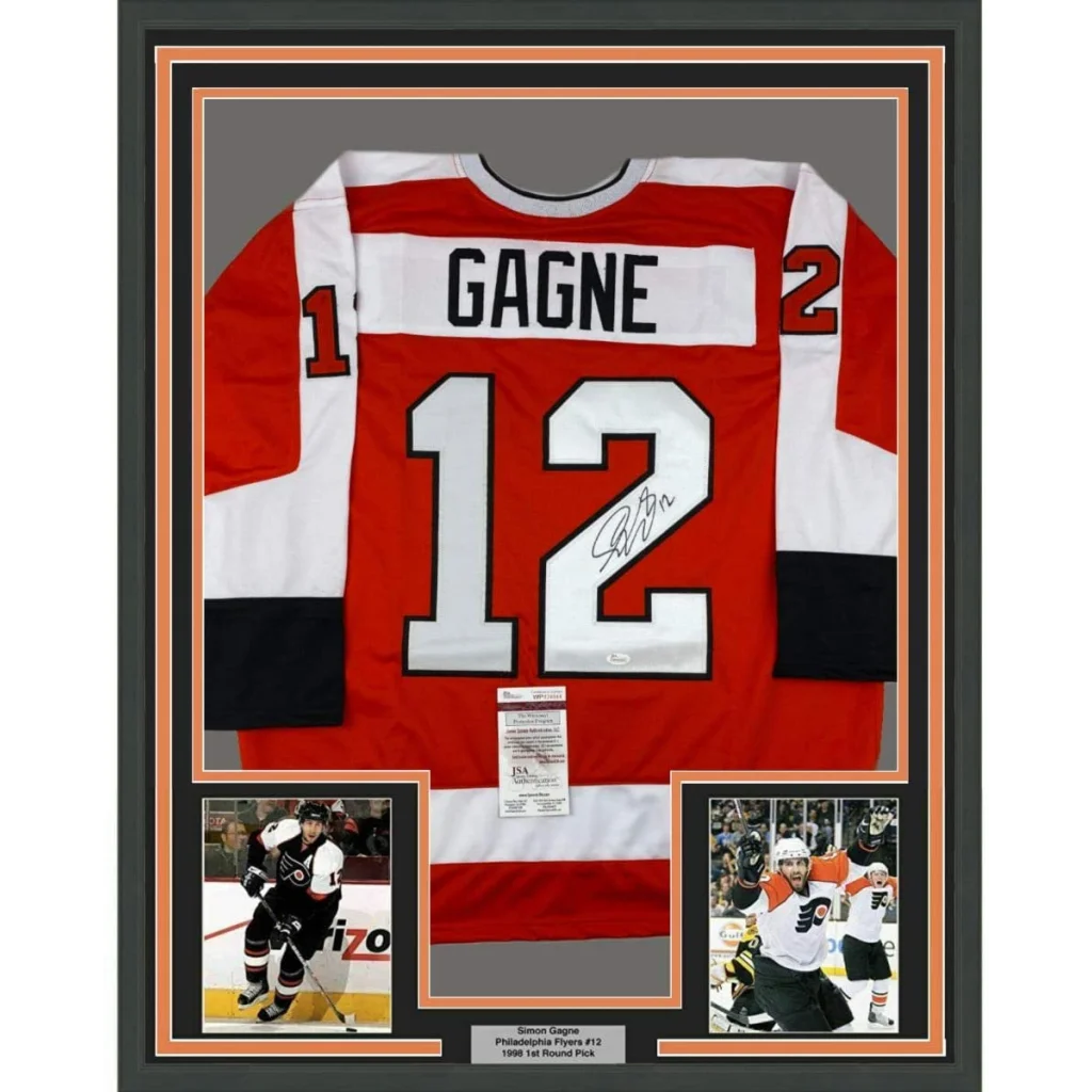 Framed autographed Simon Gagne Philadelphia Flyers orange jersey back, JSA COA