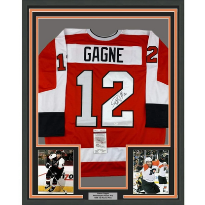 Framed autographed Simon Gagne Philadelphia Flyers orange jersey back, JSA COA