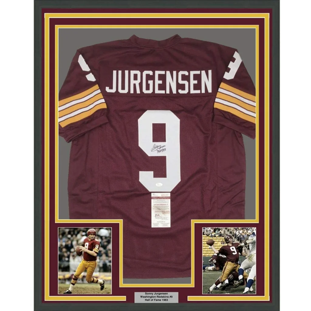 Back of maroon washington redskins football jersey with white lettering gold stripes featuring name jurgensen and number 9