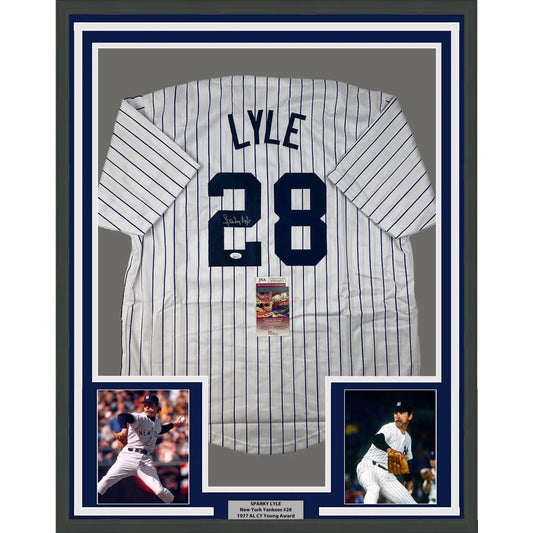 Framed autographed Sparky Lyle New York pinstripe jersey with Lyle 28