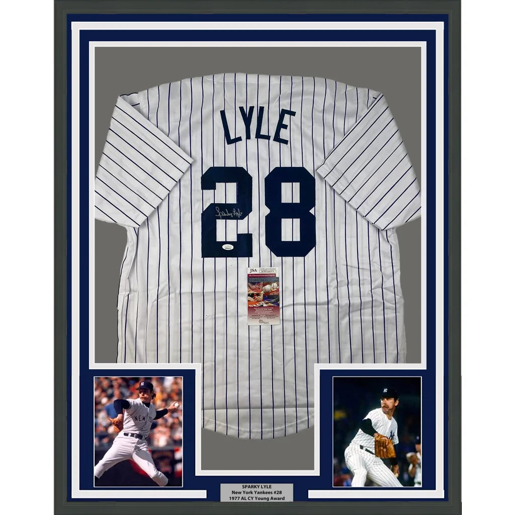 Professionally framed Sparky Lyle Yankees jersey for man cave with inset photos and JSA COA