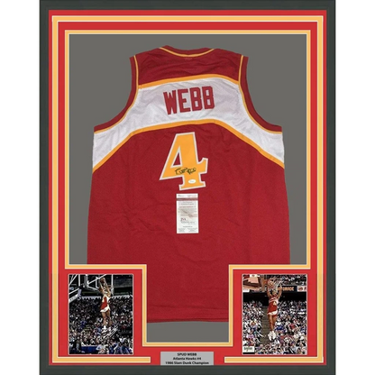 Back side of a red and white atlanta hawks basketball jersey with number 4 and signed by spud webb framed 35x39