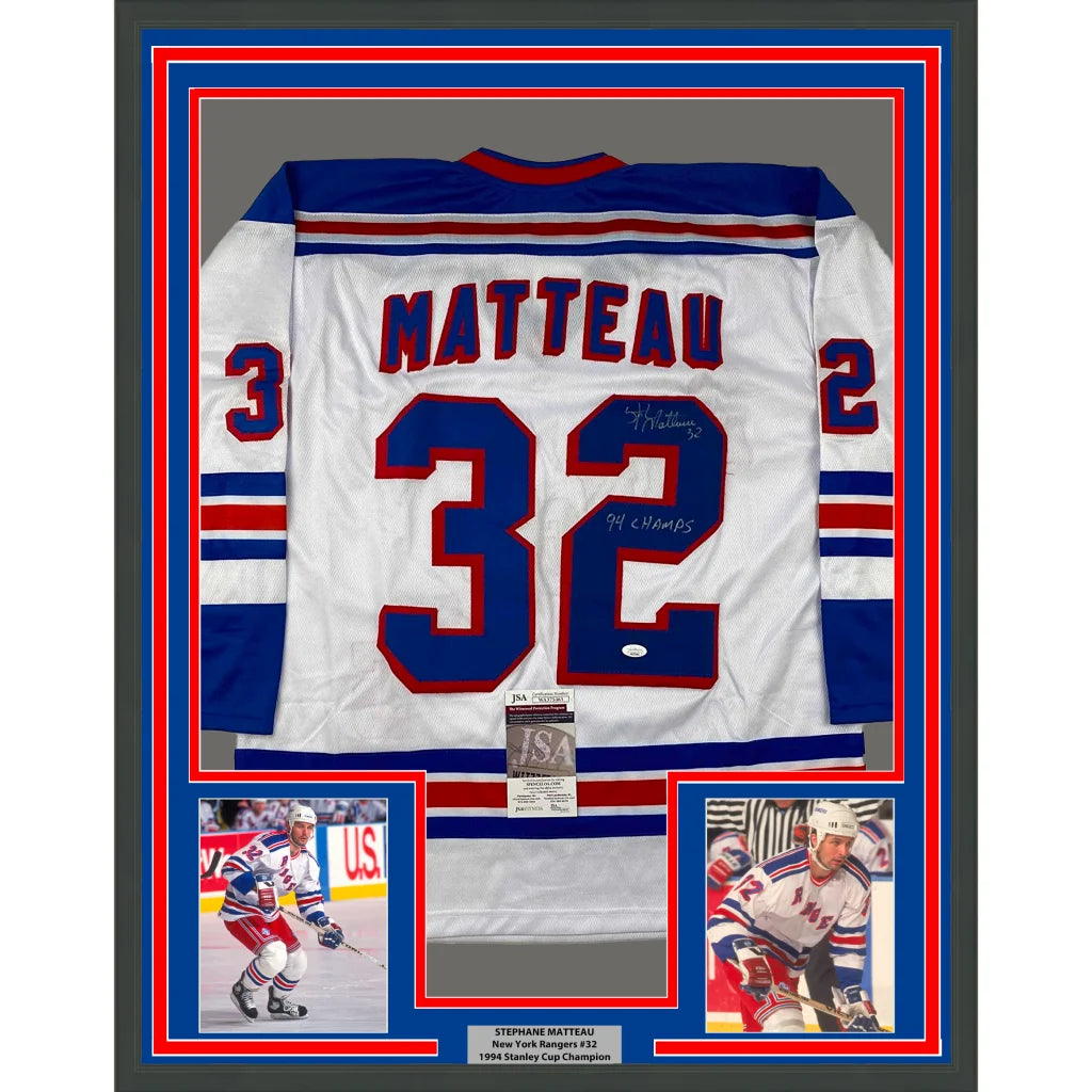 Framed Autographed Stephane Matteau 94 Champs 33xx42 New York White Hockey Jersey JSA COA | Hall of Fame Sports Memorabilia | vintageantiquesgifts.com