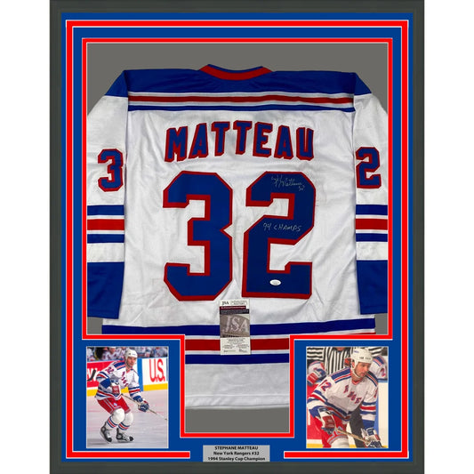 Framed Autographed Stephane Matteau 94 Champs 33xx42 New York White Hockey Jersey JSA COA | Hall of Fame Sports Memorabilia | vintageantiquesgifts.com