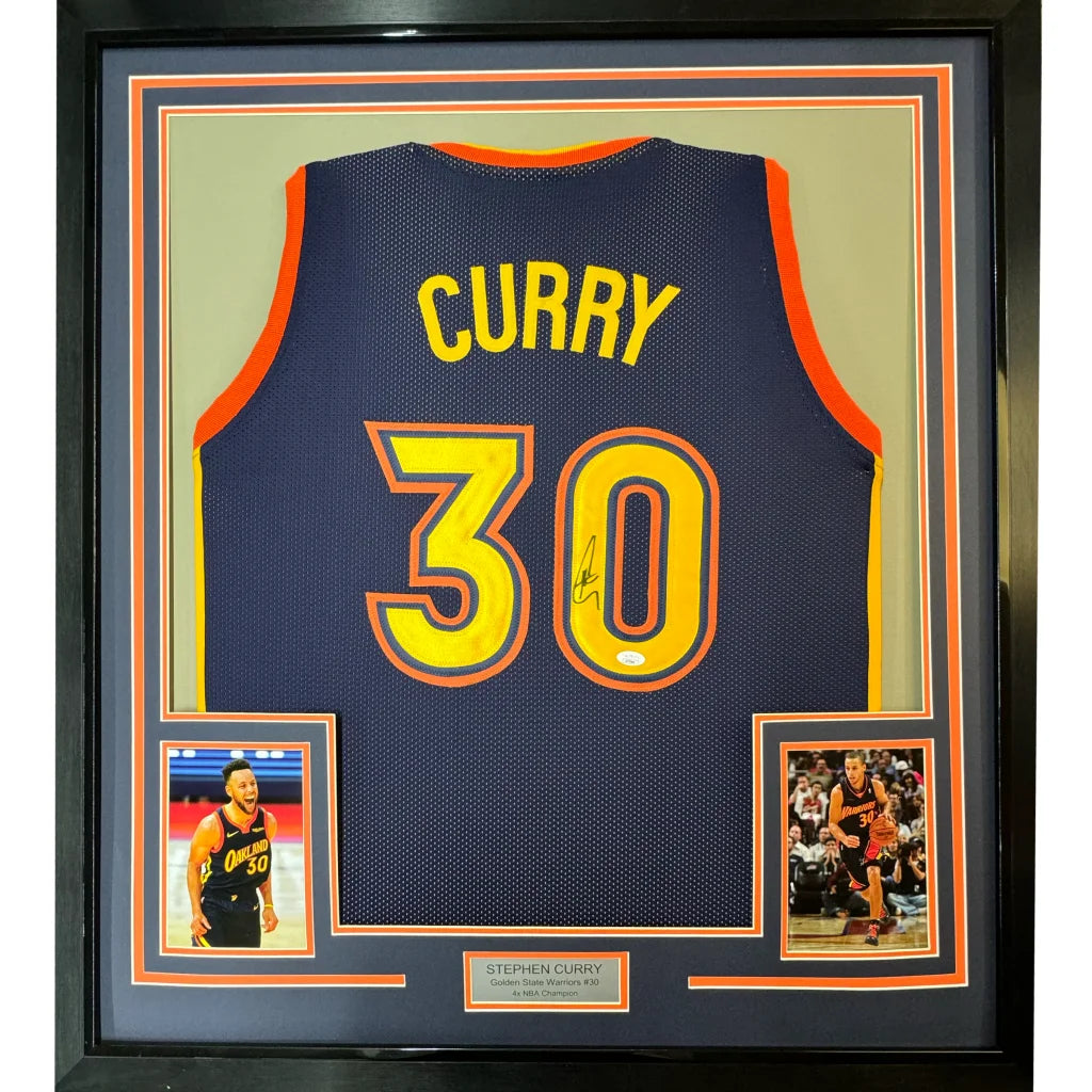 Professionally framed Stephen Curry Golden State Warriors jersey with display photos and plaque