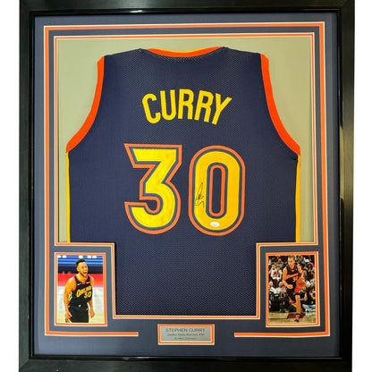 Professionally framed Stephen Curry Golden State Warriors jersey with display photos and plaque