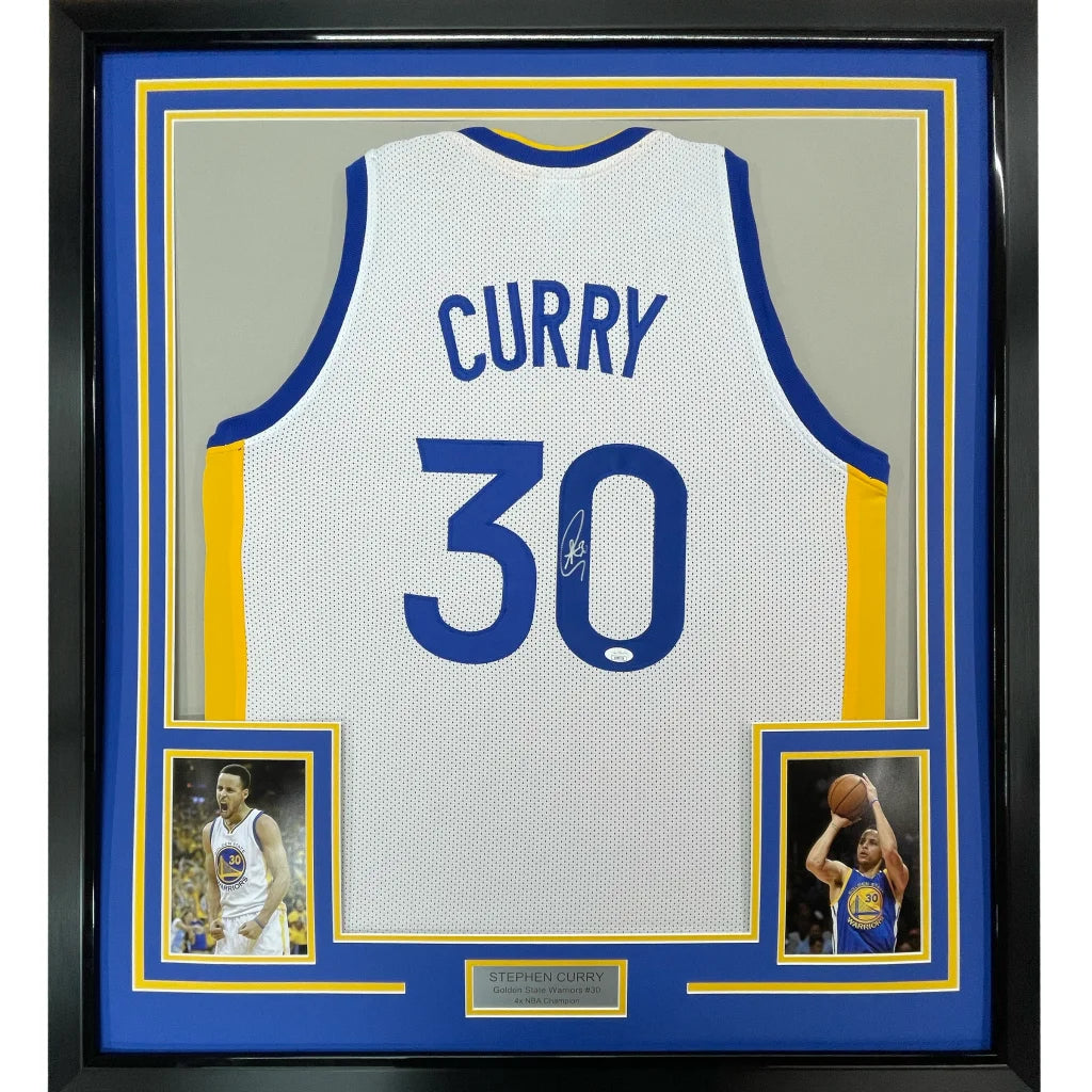 Framed autographed Stephen Curry white Golden State Warriors jersey number 30 with JSA COA