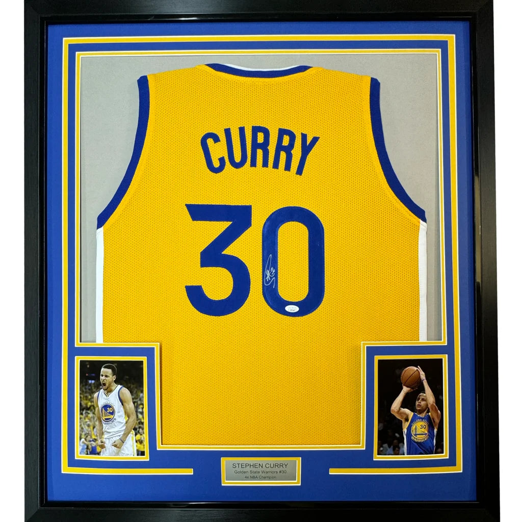 Framed Autographed Stephen Steph Curry 35x39 Golden State Yellow Basketball Jersey JSA COA | Hall of Fame Sports Memorabilia | vintageantiquesgifts.com