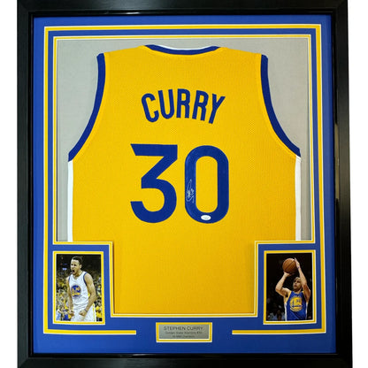 Framed Autographed Stephen Steph Curry 35x39 Golden State Yellow Basketball Jersey JSA COA | Hall of Fame Sports Memorabilia | vintageantiquesgifts.com