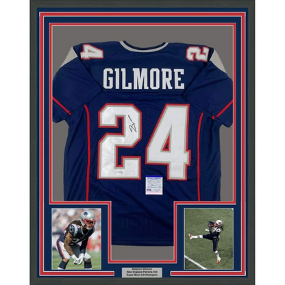 Framed signed Stephon Gilmore Patriots jersey with photos ready to display